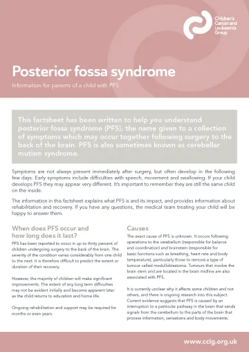 Front cover for factsheet - posterior fossa syndrome